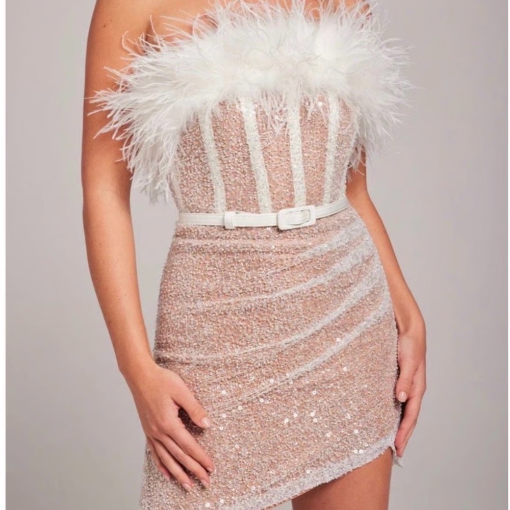NADINE MERABI Lucie Sequin Feather Mini Dress